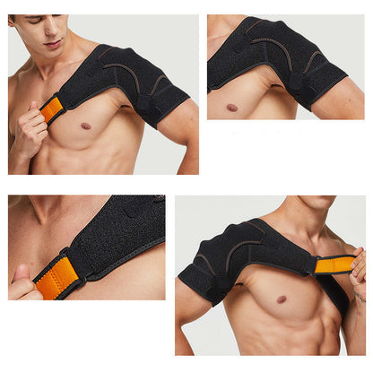 Adjustable sports shoulder protector support belt for sports injuries, showing various angles and features of the product.