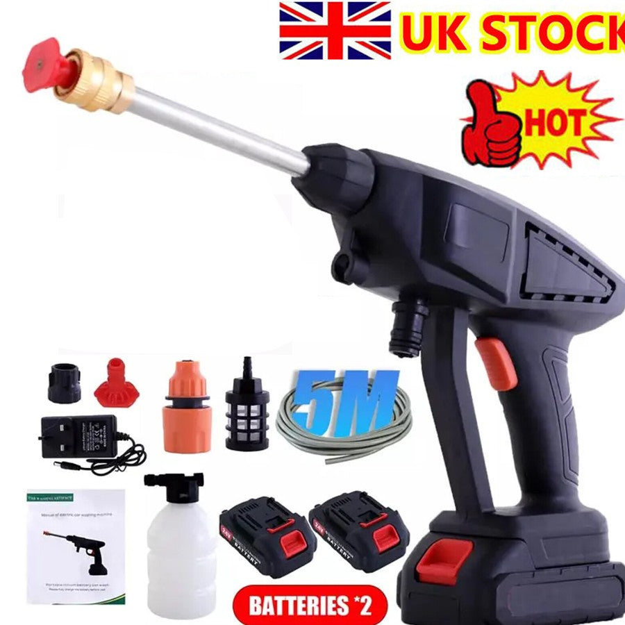 Cordless high pressure washer with included batteries, accessories, and 5M hose for efficient cleaning.