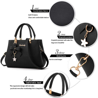 Elegant women's top handle messenger tote bag showcasing comfortable fabric and details like metal buckle and exquisite pendant.