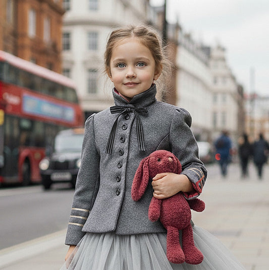 A girl wearing a girls vintage military peplum jacket holding a red bunny toy on a city street.