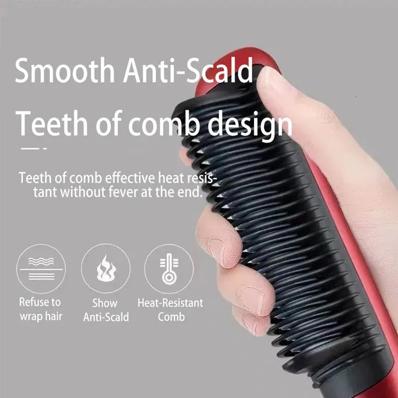 2-in-1 Negative Ion Hair Straightener Comb with smooth anti-scald design and heat-resistant teeth for safe styling.
