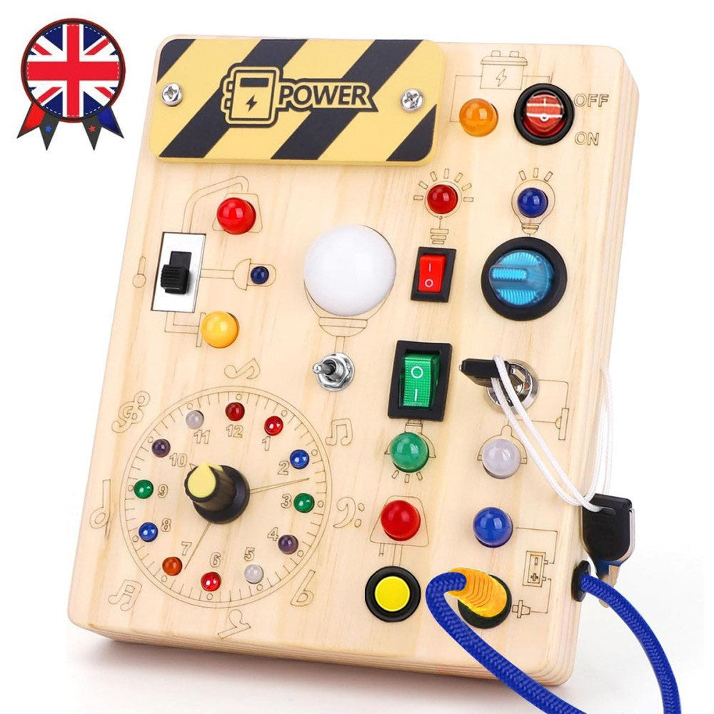 Montessori busy board for toddlers with colorful switches and lights for sensory play and learning.