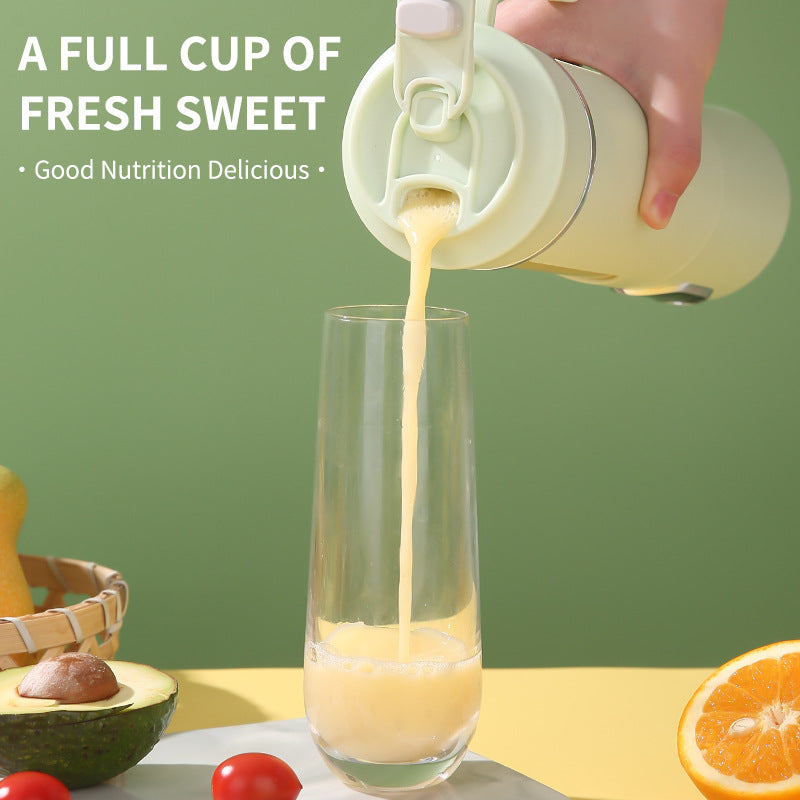 Portable rechargeable juice blender pouring fresh juice into a glass, showcasing its compact design and vibrant colors.