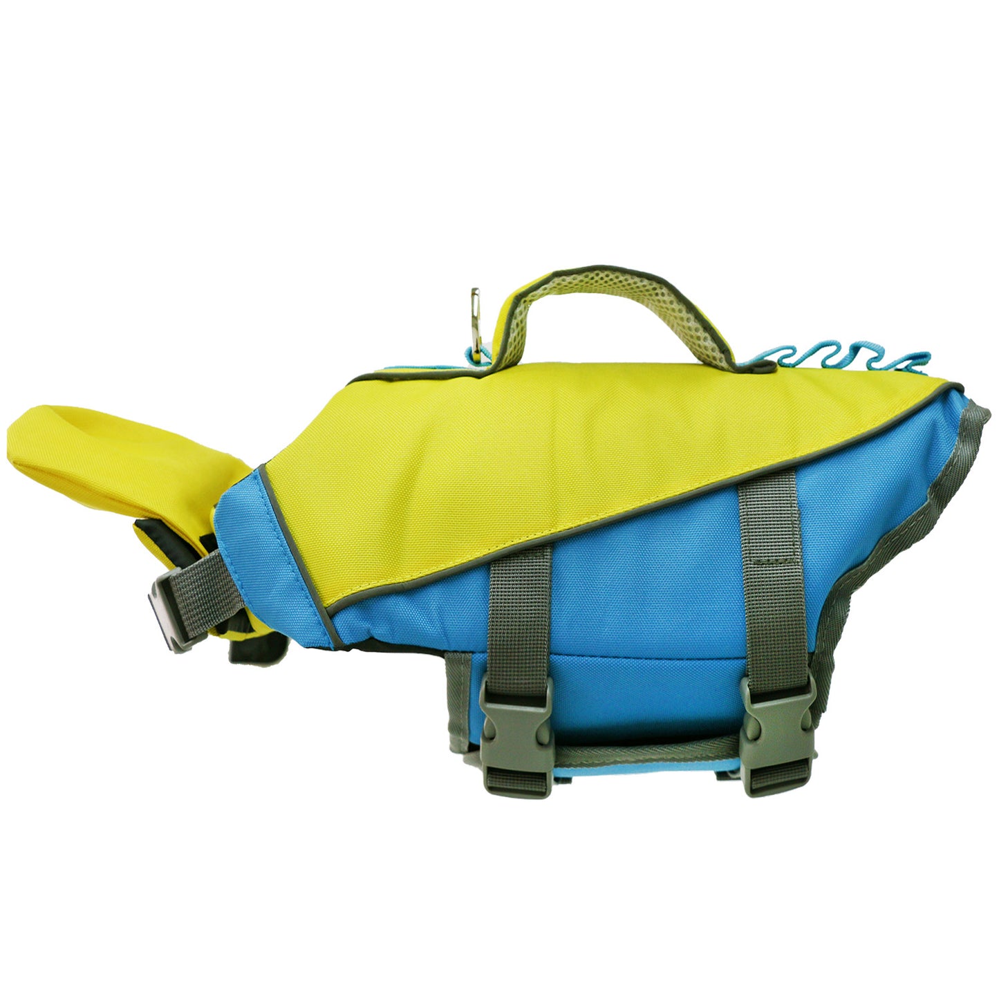 Dog reflective life jacket in vibrant blue and yellow color, perfect for keeping your pet safe during water activities.