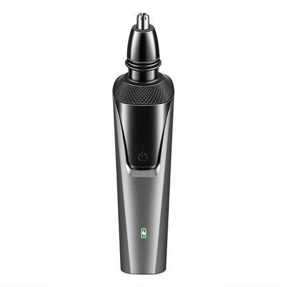 Waterproof electric mens shaver with trimmer and nose hair clipper, ergonomic design for easy handling.