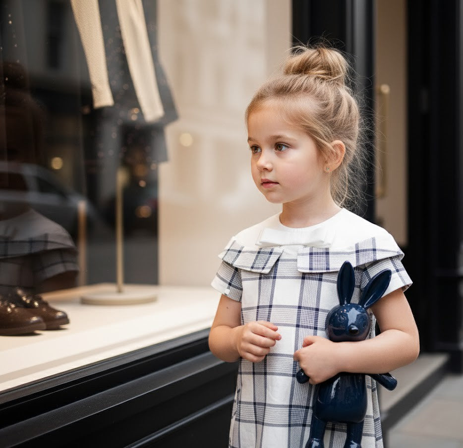 Girl in off-shoulder detachable sleeve princess dress admiring a store display.