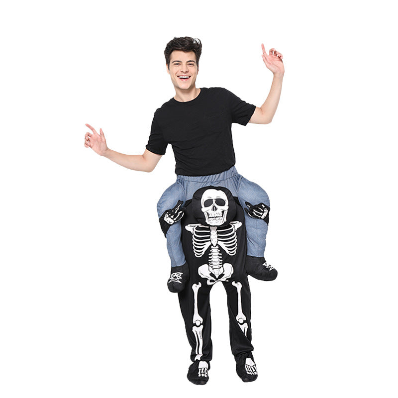 A person wearing a skeleton rocking horse costume, posing and smiling for Halloween fun.