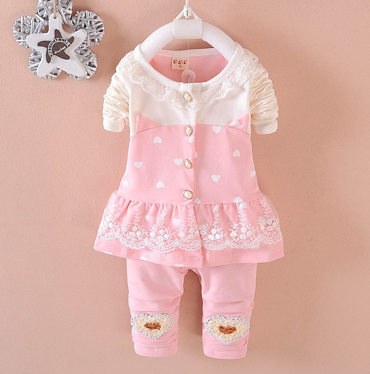 Toddler girls clothing sets featuring a pink long sleeve cardigan and matching pants with heart designs.