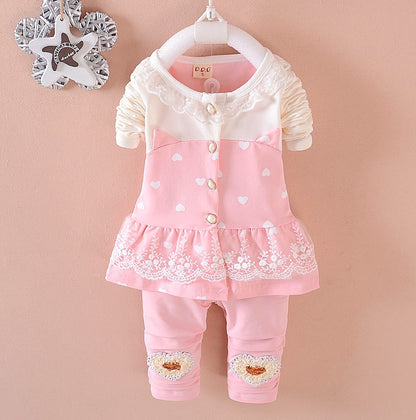 Toddler girls clothing sets featuring a pink long sleeve cardigan and matching pants with heart designs.