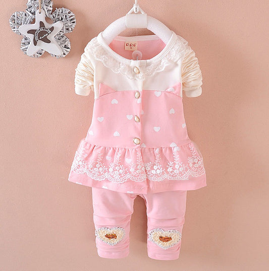 Toddler girls clothing sets featuring a pink long sleeve cardigan and matching pants with heart designs.