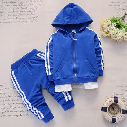 Blue children's sports suit for infants with zip-up hoodie and matching pants, perfect for kids aged 9 to 12 months.