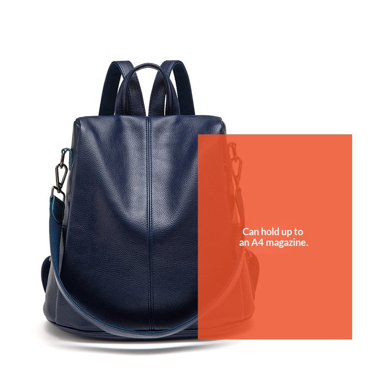Large-capacity anti-theft leather backpack showing back view, designed to hold an A4 magazine.