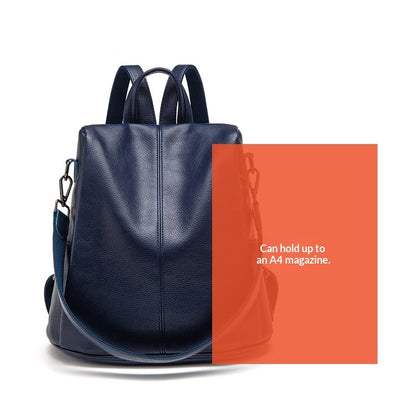 Large-capacity anti-theft leather backpack showing back view, designed to hold an A4 magazine.