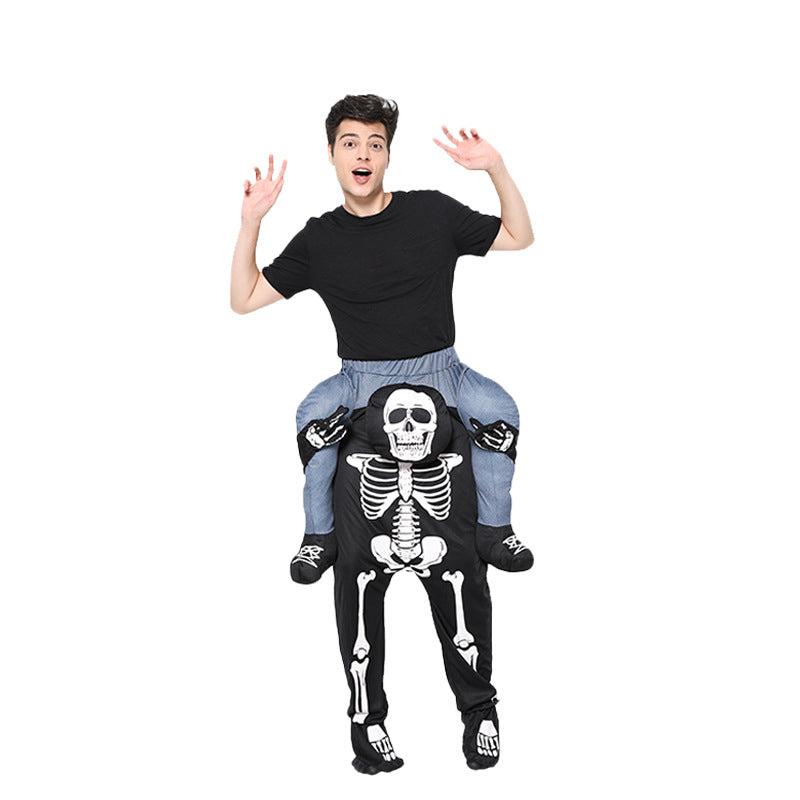 Halloween funny costume featuring a skeleton rocking horse costume for kids and adults, perfect for Halloween celebrations.