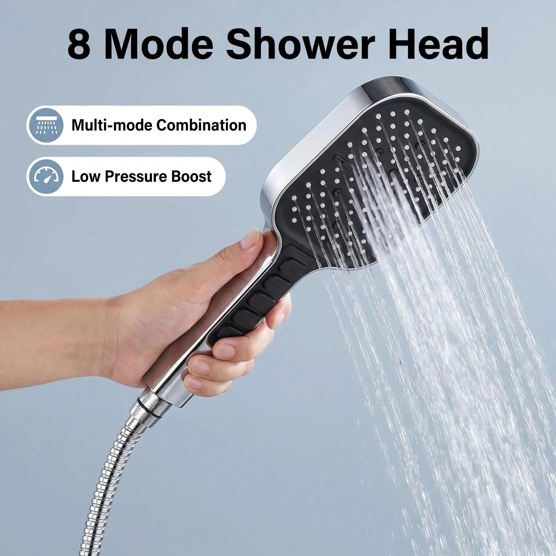 Handheld shower head with multiple modes, featuring 8 modes and a low pressure boost for enhanced shower experience.