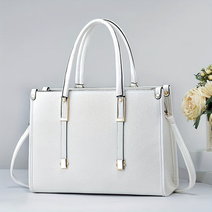 Elegant multifunctional tote handbag in white, large capacity with sleek design and sophisticated detailing.
