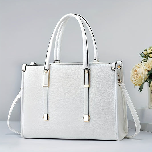 Elegant multifunctional tote handbag in white, large capacity with sleek design and sophisticated detailing.