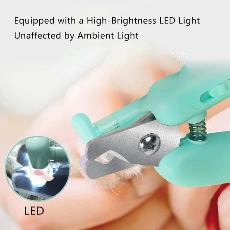 White pet nail trimmer with light showing high-brightness LED feature for easy pet grooming.