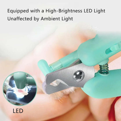 White pet nail trimmer with light showing high-brightness LED feature for easy pet grooming.