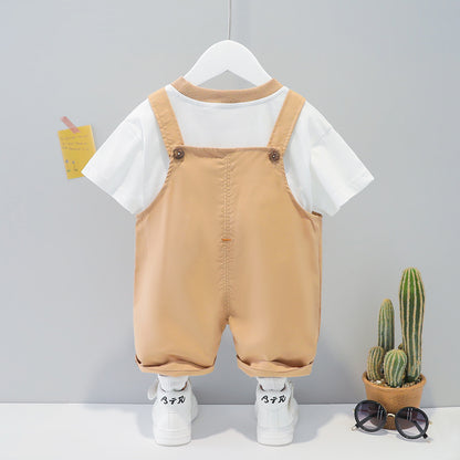 Baby summer cartoon overalls in beige with white short-sleeve shirt and stylish accessories for adventurous toddlers.