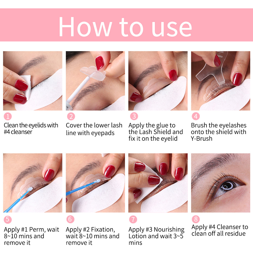 Step-by-step guide on how to use the lashes lift perm set, showing application process for perming lashes.