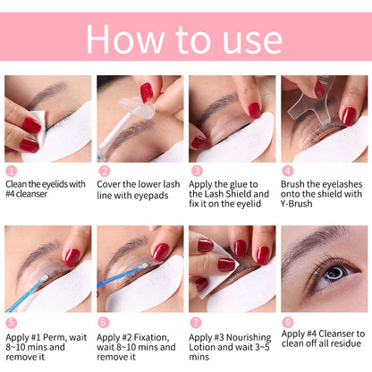Step-by-step guide on how to use the lashes lift perm set, showing application process for perming lashes.