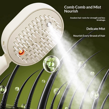 Electric massage hair brush with mist spray for nourishing and revitalizing hair while reducing frizz and breakage.