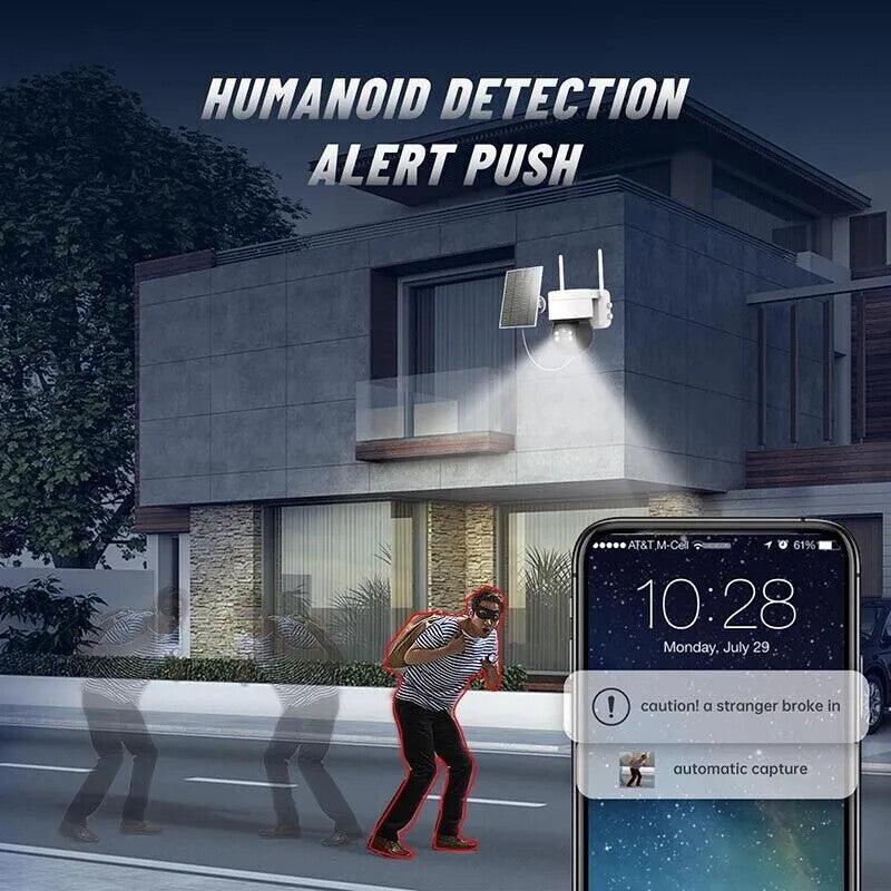 Humanoid detection alert push from solar powered security camera monitoring activity outside a modern home.