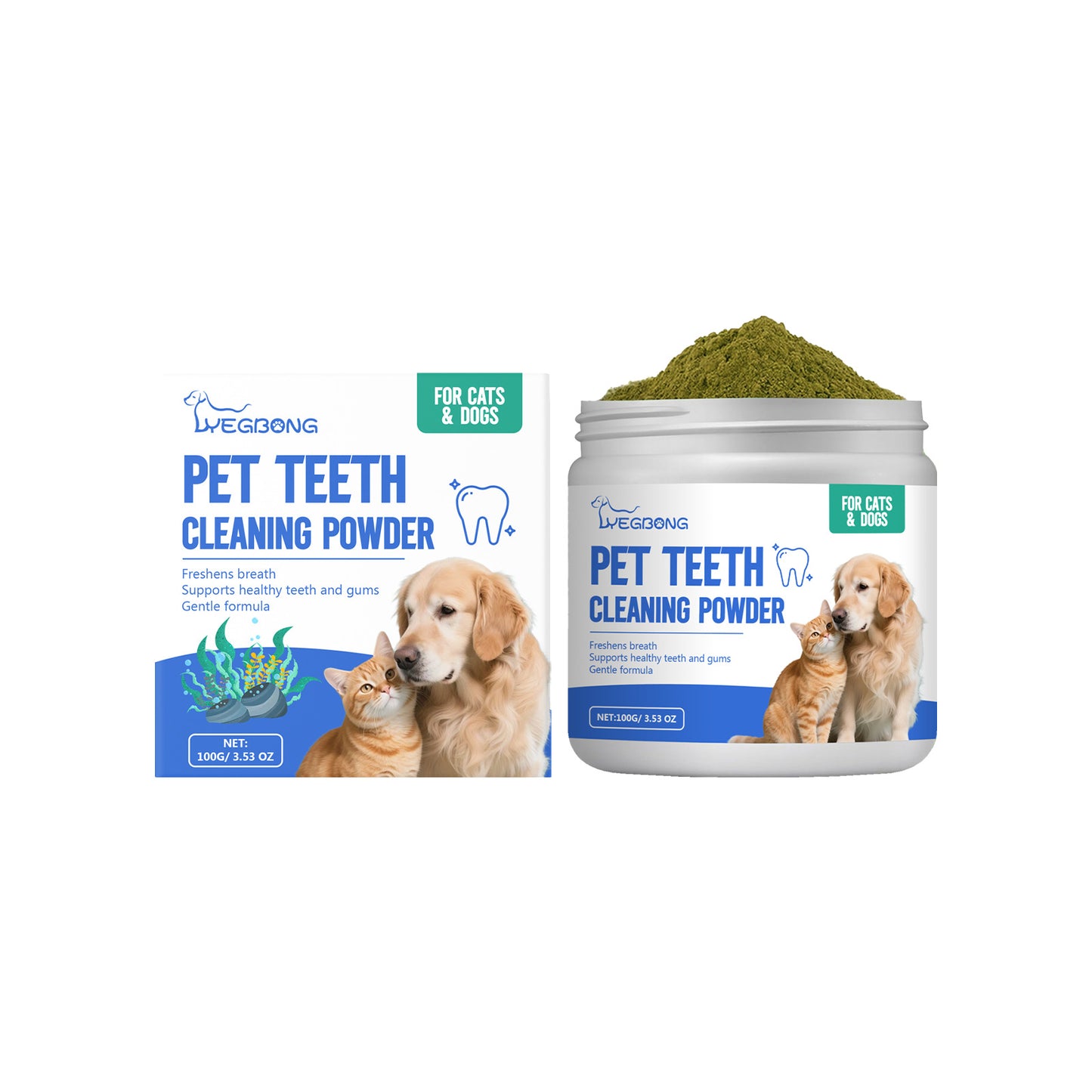 Image of pet dental cleaning powder for cats and dogs, featuring packaging and powder in a jar.