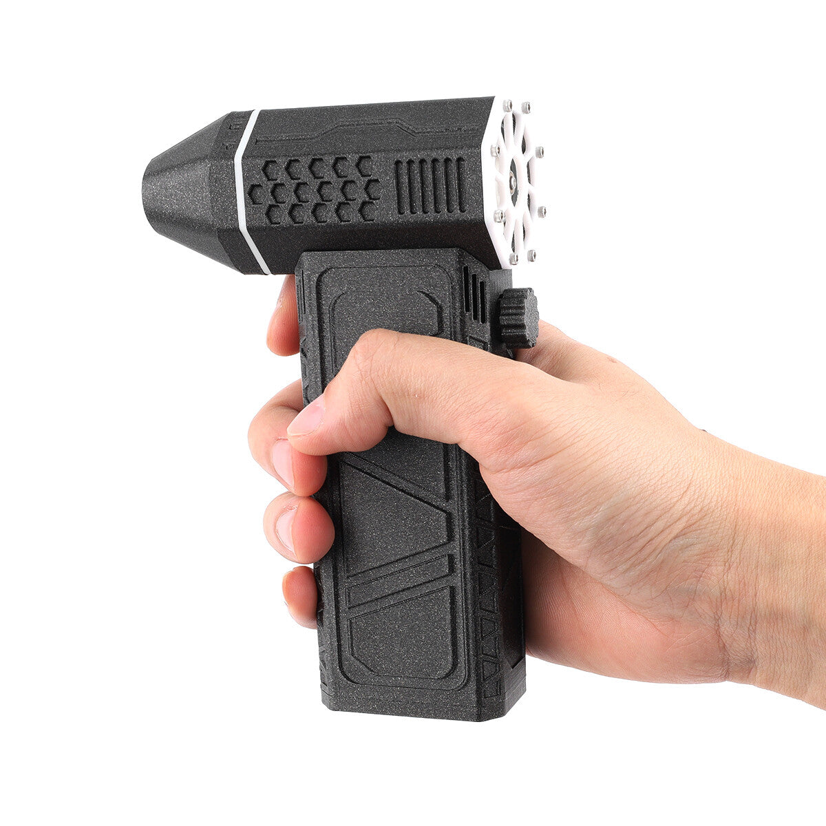 Mini jet turbo fan air blower, portable electric air duster cleaner held in hand.