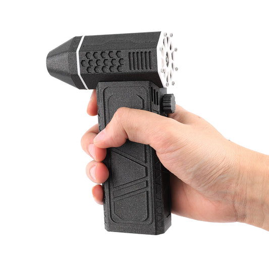 Mini jet turbo fan air blower, portable electric air duster cleaner held in hand.