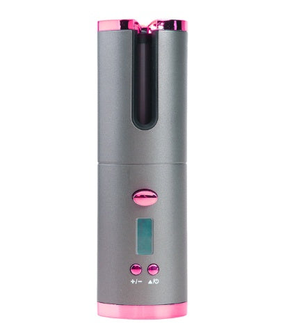 Cordless automatic hair curler for women with LCD display and ceramic rotating design.