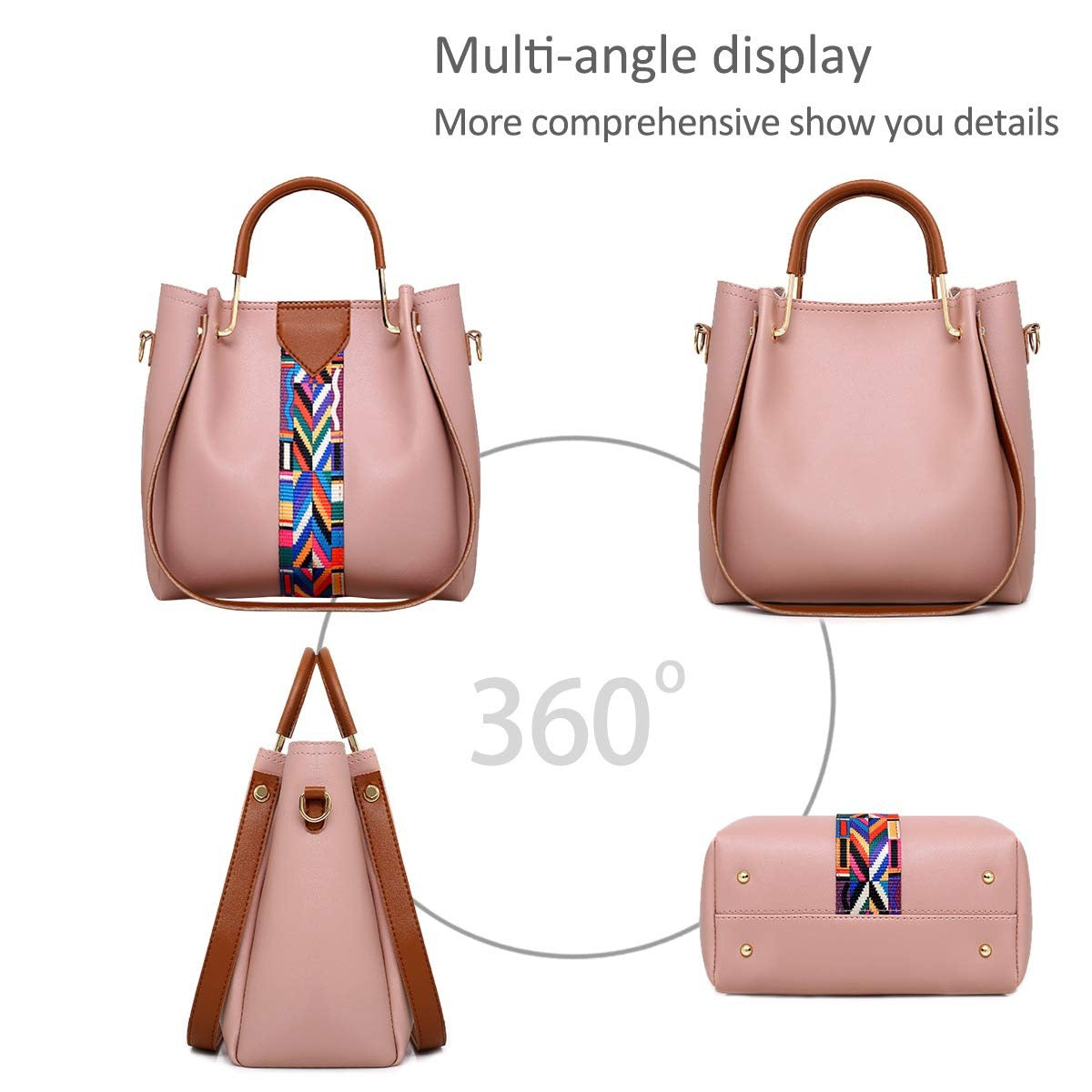 Women faux leather handbag set showcasing multi-angle display of chic design and practicality.