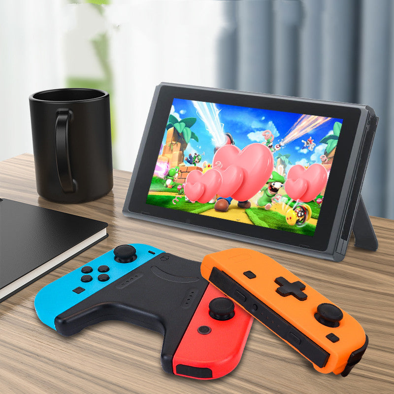 Ergonomic handle accessories bracket displayed with a gaming console on a table, showcasing vibrant controller colors.