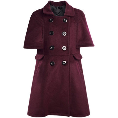 Girls Wine Red Cashmere Wool Blend Coat vintage A-Line jacket for spring, offering elegance and warmth.