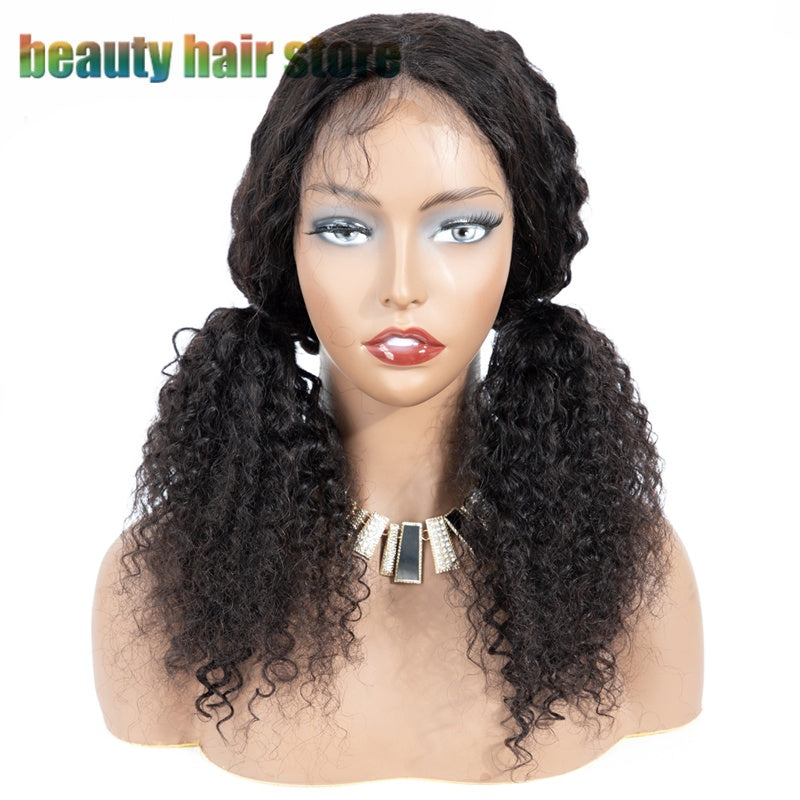 Brazilian kinky curly lace front wig displayed on a mannequin with two ponytails and a necklace.