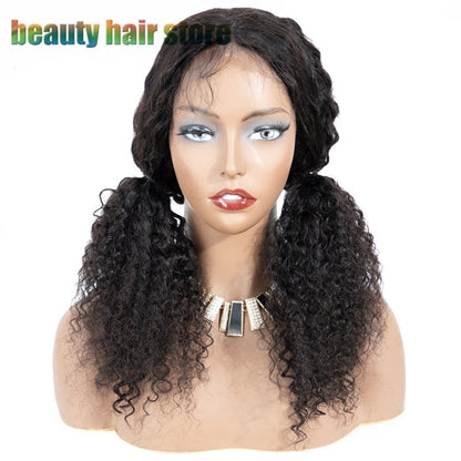 Brazilian kinky curly lace front wig displayed on a mannequin with two ponytails and a necklace.