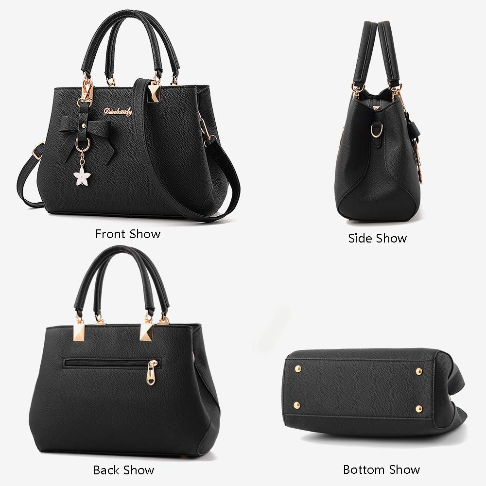 Women's top handle messenger tote bag showcasing front, side, back, and bottom views, highlighting stylish design and craftsmanship.