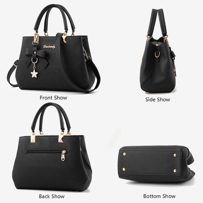 Women's top handle messenger tote bag showcasing front, side, back, and bottom views, highlighting stylish design and craftsmanship.