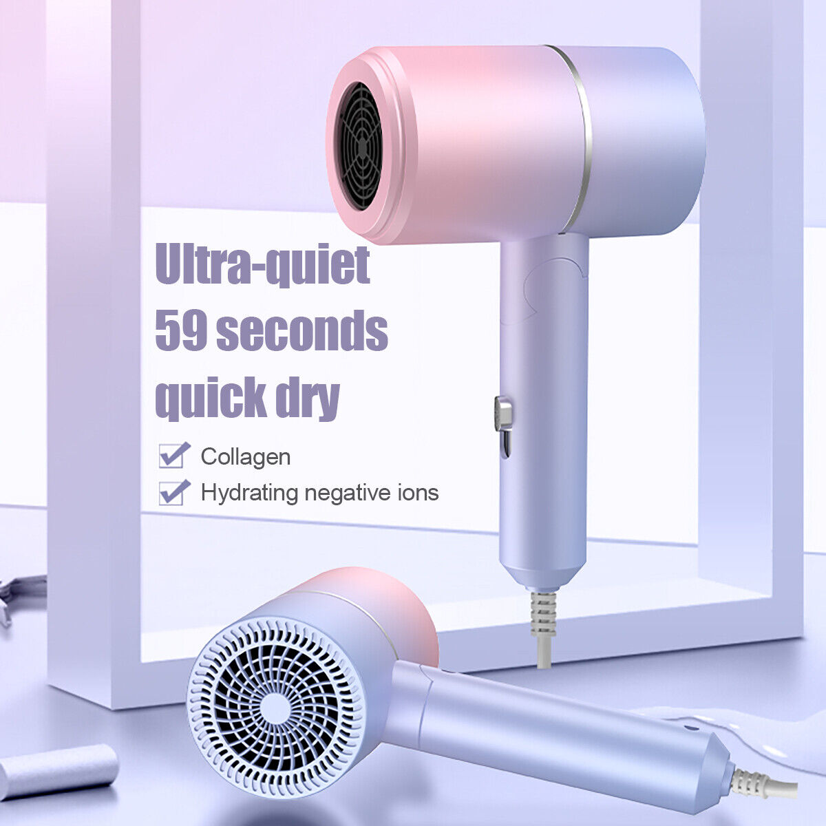 Professional, electric, foldable hair dryer with negative ion function, ultra-quiet quick drying feature.