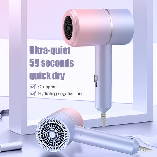 Professional, electric, foldable hair dryer with negative ion function, ultra-quiet quick drying feature.