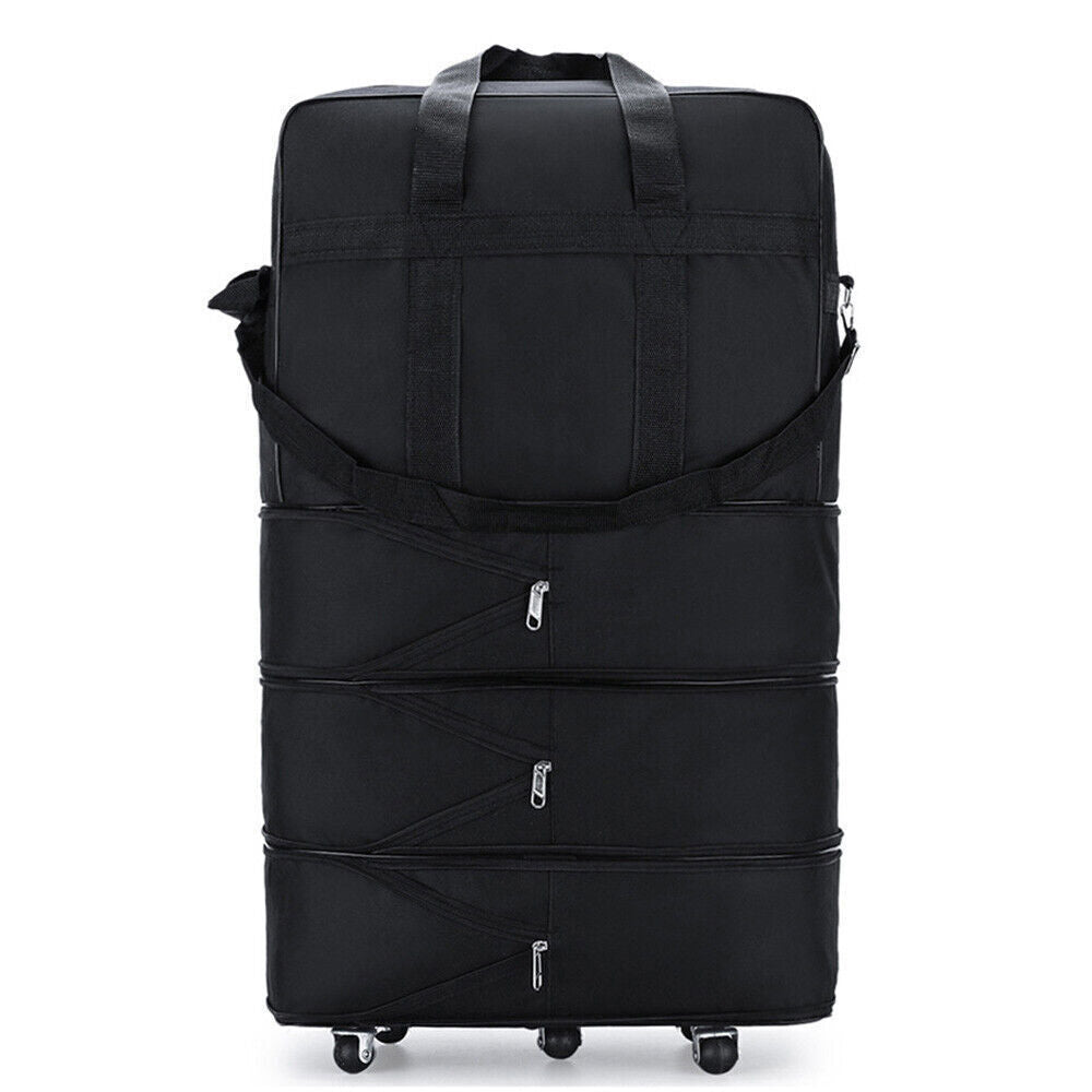 Extra large lightweight travel suitcase with multiple zippered expansion compartments and sturdy wheels.
