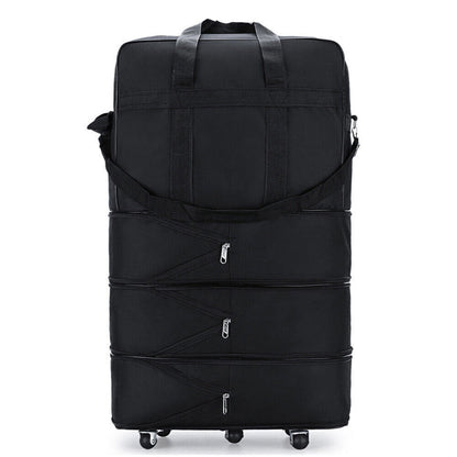 Extra large lightweight travel suitcase with multiple zippered expansion compartments and sturdy wheels.