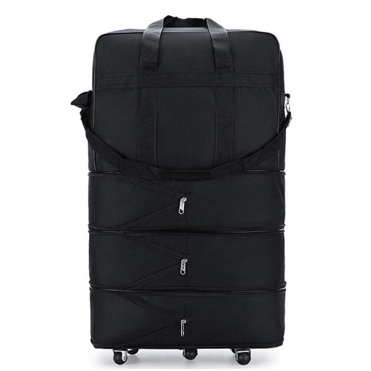 Extra large lightweight travel suitcase with multiple zippered expansion compartments and sturdy wheels.