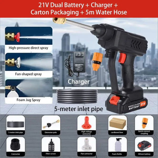 21V dual battery cordless high pressure cleaner with batteries and accessories including charger and hose.