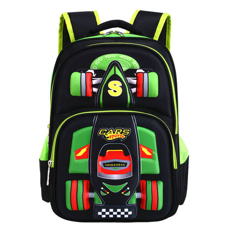 Three Dimensional Car Boys Primary School Trolley School Bag with racing design in black and green color.