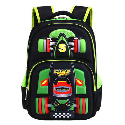 Three Dimensional Car Boys Primary School Trolley School Bag with racing design in black and green color.