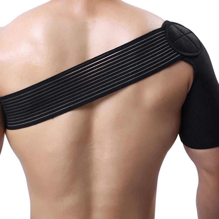 Shoulder protection strap for sports worn by a man showing the back view of the shoulder pad.