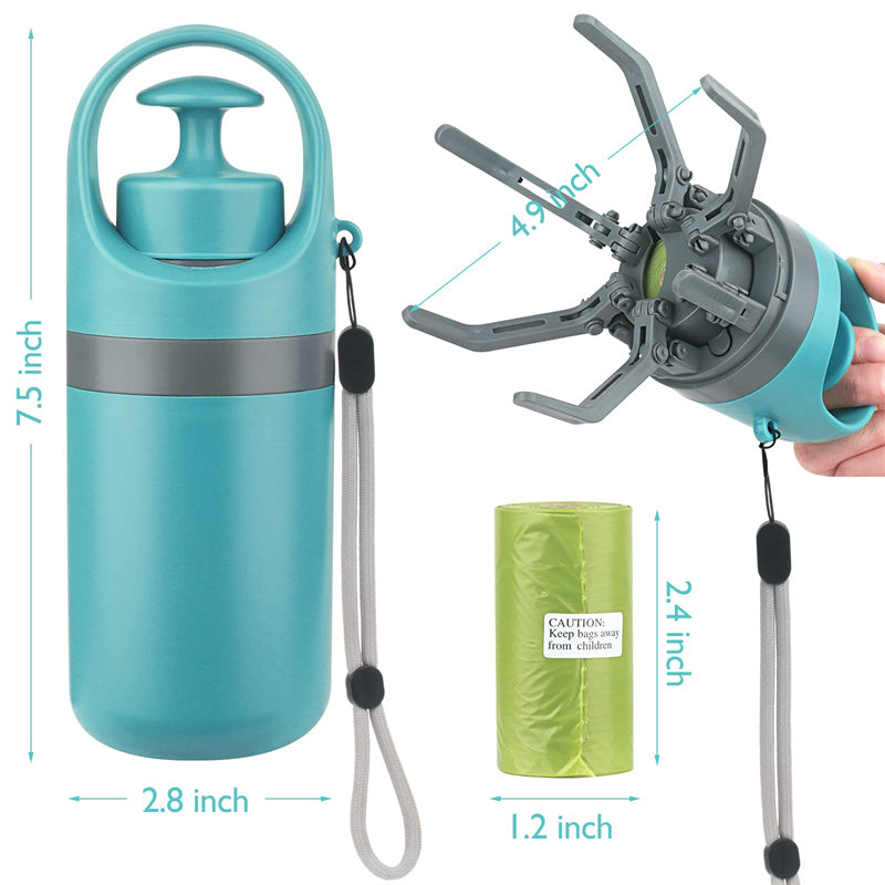 Portable dog pooper scooper with bag dispenser next to a roll of poop bags and measurements displayed.