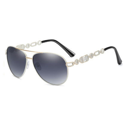 New Polarized Two-tone Plated Fashionable Hollow Out UV Protective Sunglasses with stylish chain design.